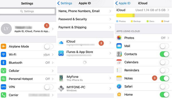 Notas nas configurações do iCloud