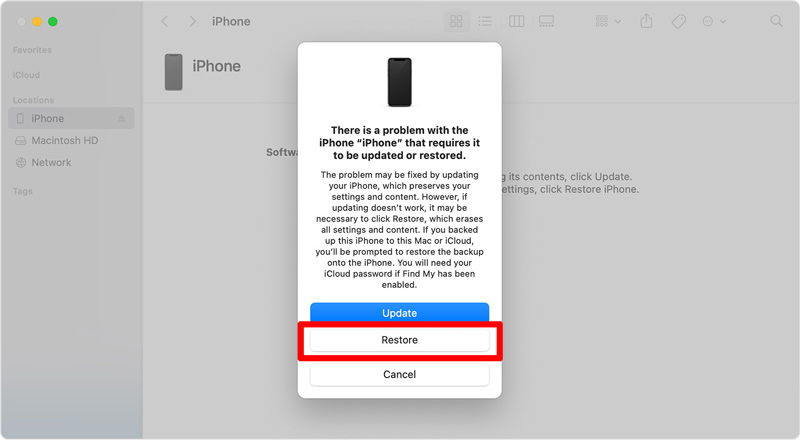 Restaure o iPhone usando o modo de recuperação do Finder