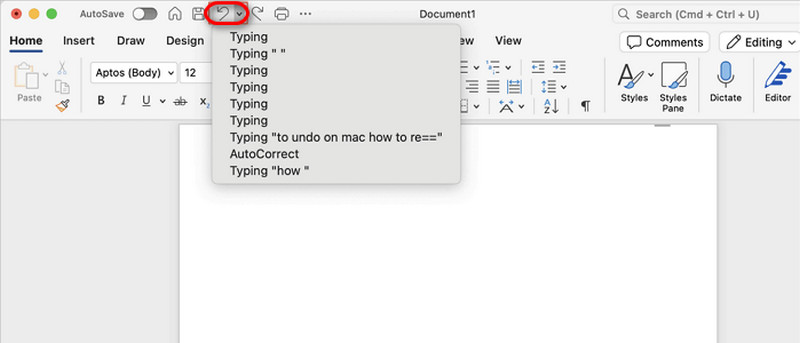 Ícone Desfazer no Word Mac