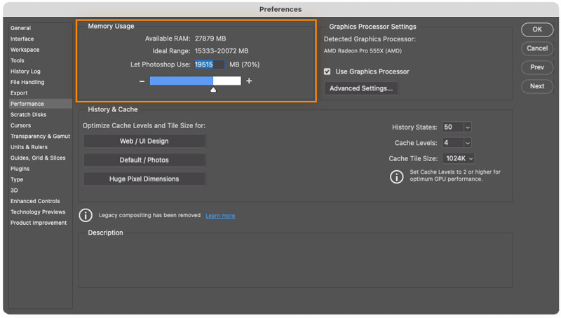 Aumentar a alocação de RAM para o Photoshop