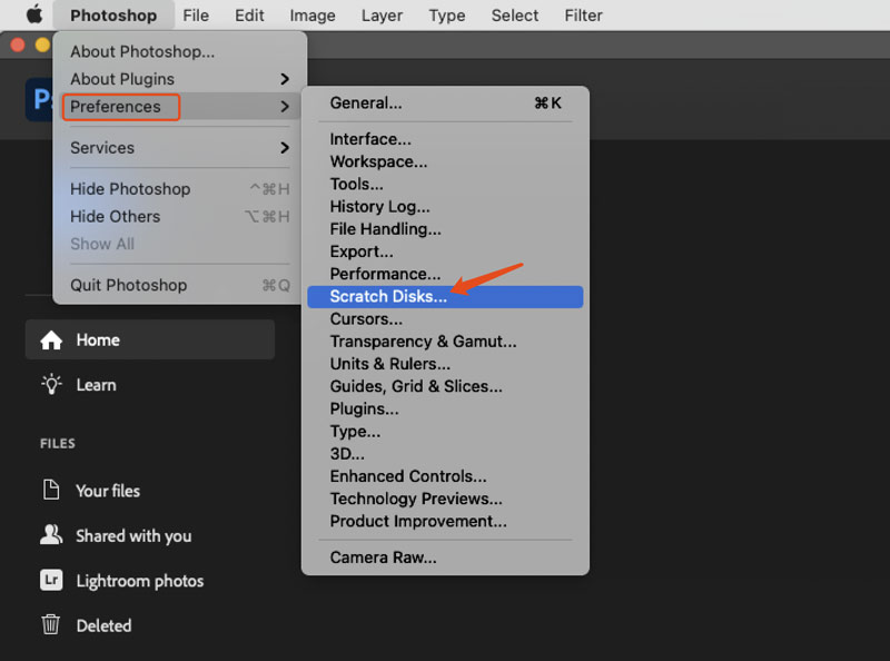 Preferências do Photoshop Discos de trabalho Mac