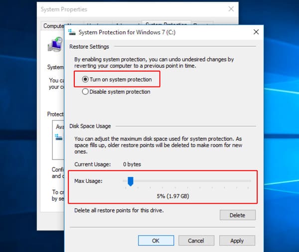 Gerenciar configurações de recuperação do sistema Windows 10