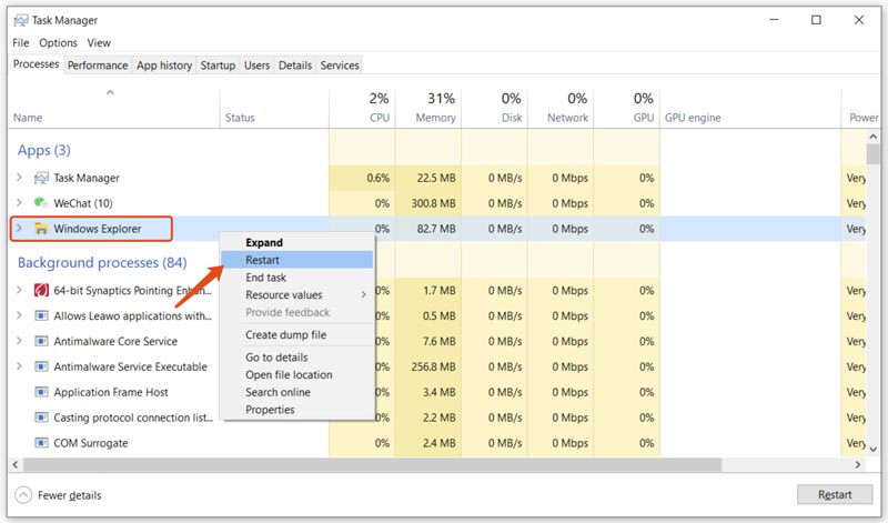 Reinicie o Windows Explorer no Gerenciador de Tarefas