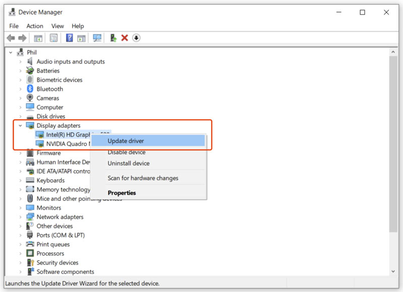 Atualizar drivers gráficos Gerenciador de dispositivos