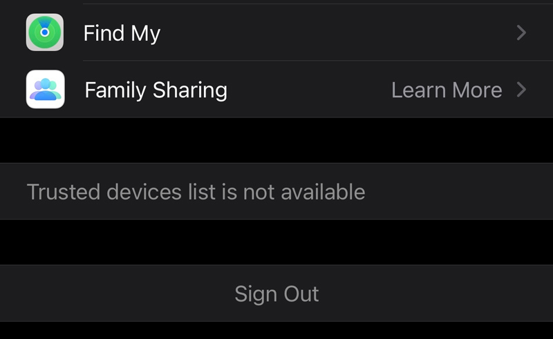 A lista de dispositivos confiáveis ​​não está disponível para iPhone.