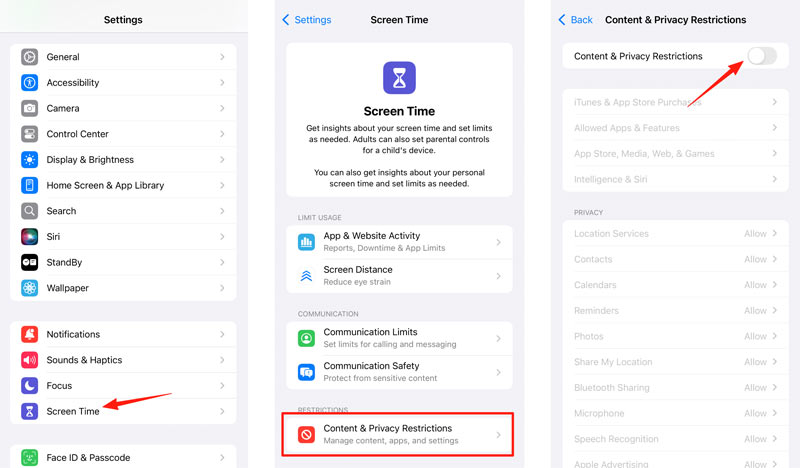 Restrições de privacidade de conteúdo do Tempo de Uso desativadas