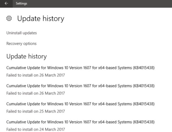 Histórico de atualizações do Windows 10