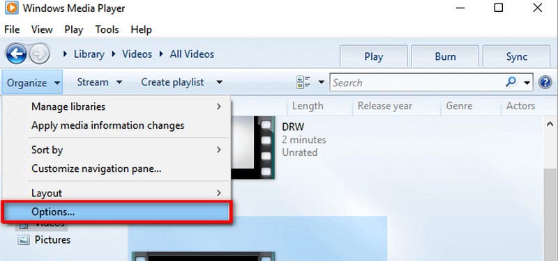 Opções de seleção do Win Media Player