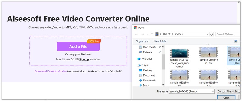 Adicione MKV ao Aiseesoft Free Video Converter Online