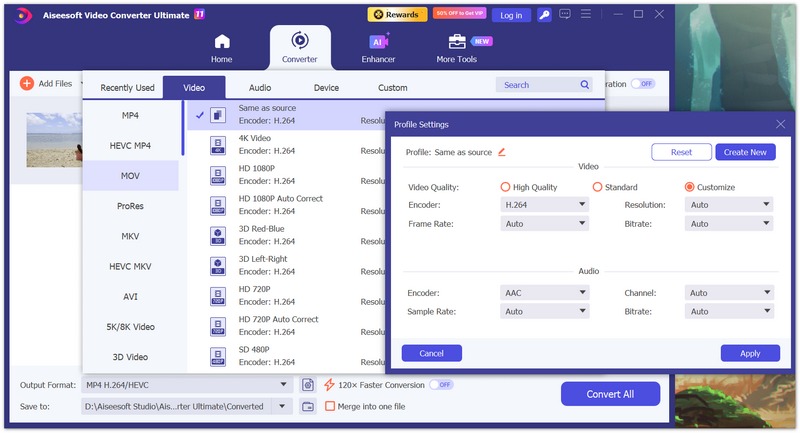 Selecione o formato de saída MOV e ajuste as configurações do perfil.
