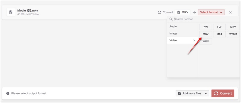 Cloudconvert Selecione MOV como formato de saída