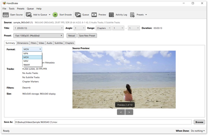 Handbrake: Selecione o formato de saída Mov