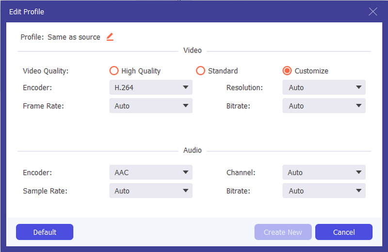 Configurações de formato final do Aiseesoft Video Converter