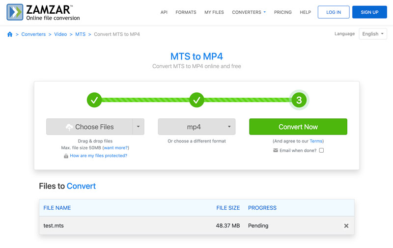 MTS para MP4 online grátis Zamzar