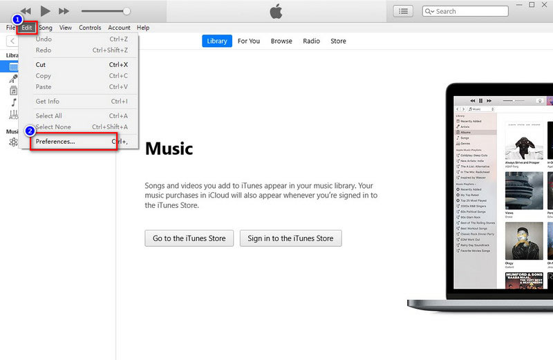 iTunes selecione Editar para escolher preferências