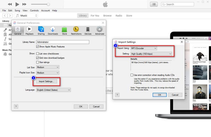 iTunes selecione configuração de importação de MP3 e qualidade