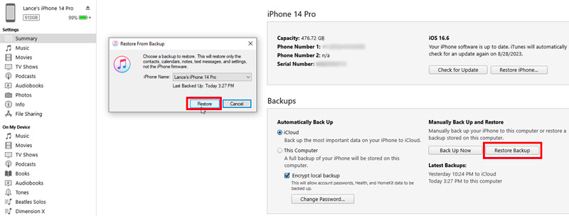 Restaure o iPhone do iTunes após o backup