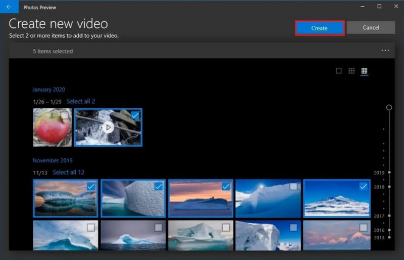 Aplicativo de fotos do Windows Criar vídeo Combinar arquivos MP4