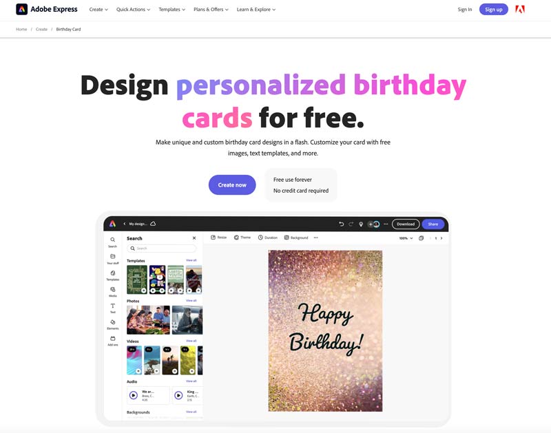 Cartão de aniversário eletrônico on-line do Adobe Express Design