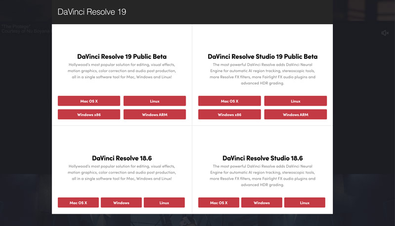 Versões para download do Davinci Resolve