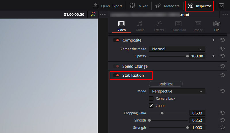 Estabilização do Davinci Resolve Inspector