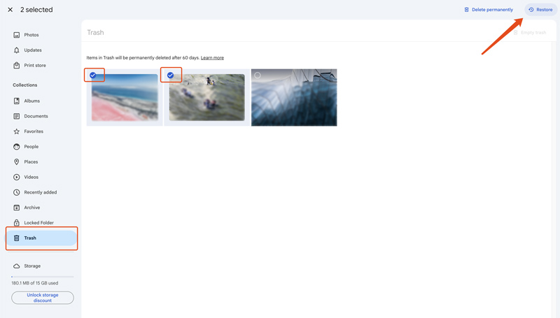 Restaurar fotos excluídas do Google Fotos Web