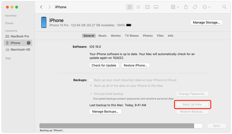 Faça backup dos dados do iPhone para Mac usando o Finder