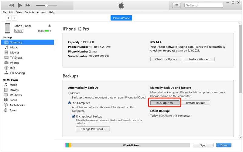 Faça backup do iPhone no iTunes no Windows