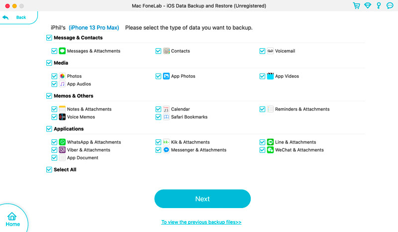 Selecione os tipos de dados do iOS para backup