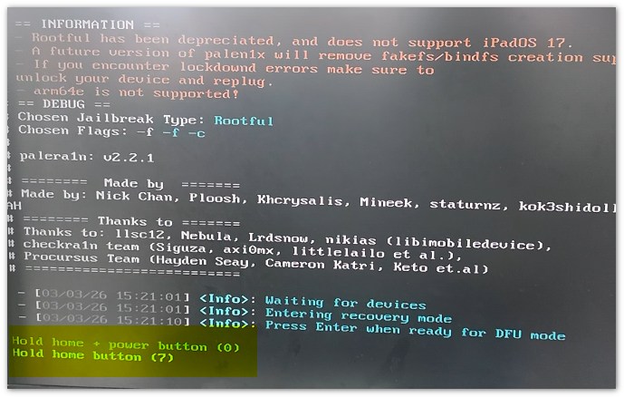Pressione o botão Home/Power para entrar no modo DFU Palera1n.