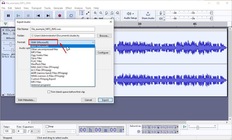 Audacity Exportar MP3 para M4A