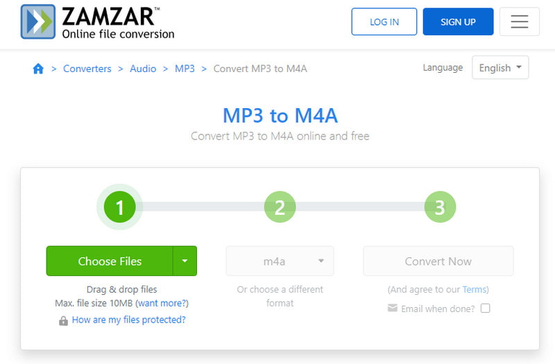 Zamzar Escolha arquivo MP3 para M4A