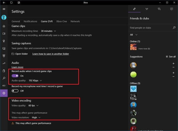 Configurações do Gamedvr do aplicativo Xbox