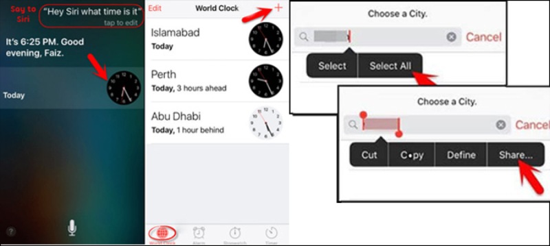 Tela inicial do relógio mundial Siri