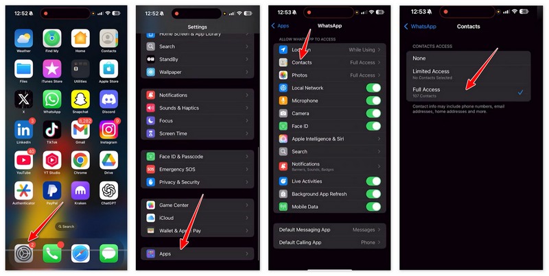 Conceda acesso total aos seus contatos do WhatsApp no iPhone.