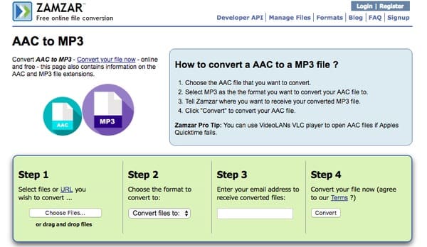 Converter arquivo AAC em MP3 online Zamzar