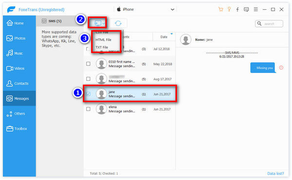 Clique em Exportar para para exportar mensagens do iPhone